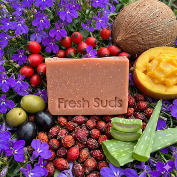 Youthful Glow Rosehip soap bar, coral pink, with rosehips, aloe and coconut