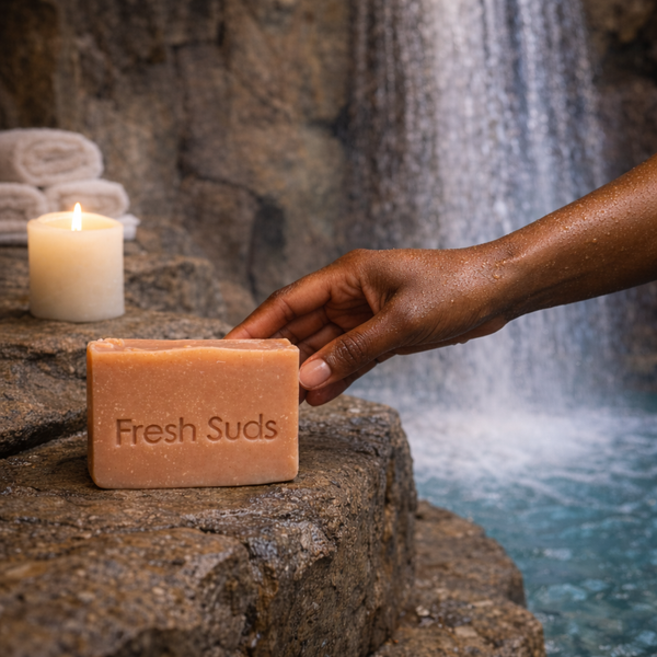 Youthful Glow Rosehip soap bar placed on a rock beside a waterfall