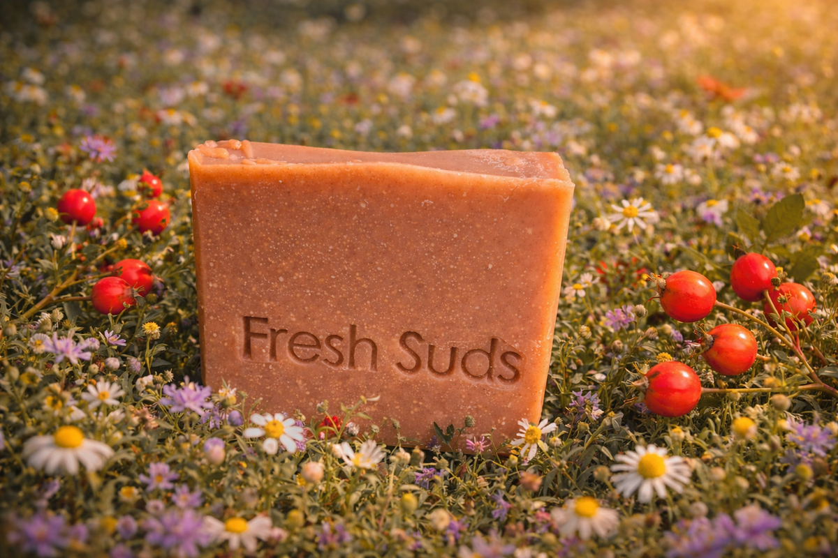 Youthful Glow Rosehip soap bar among red rosehips