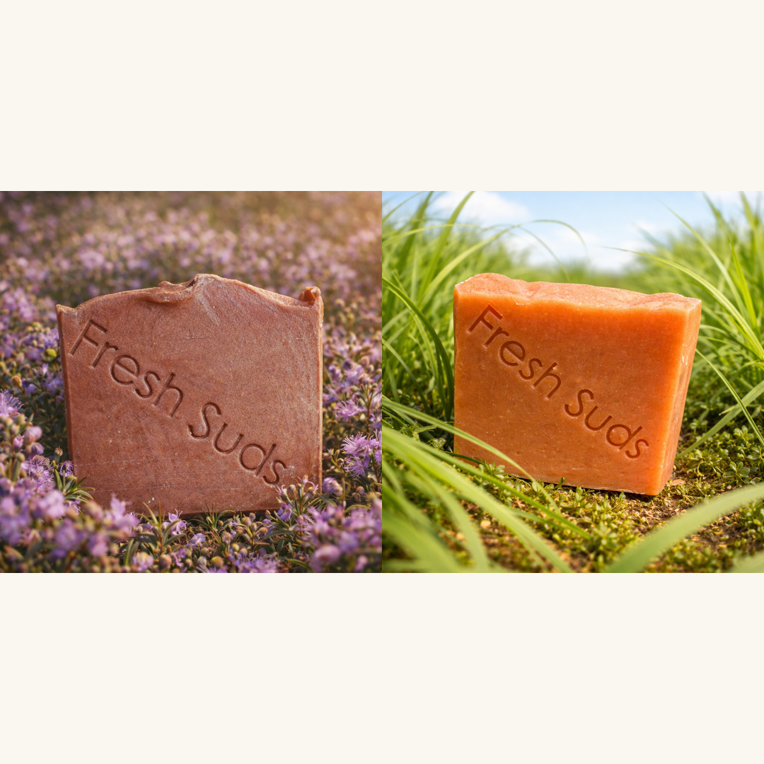Garden Duo Bundle — Purple Mallee and Lemon Squared soap bars side by side