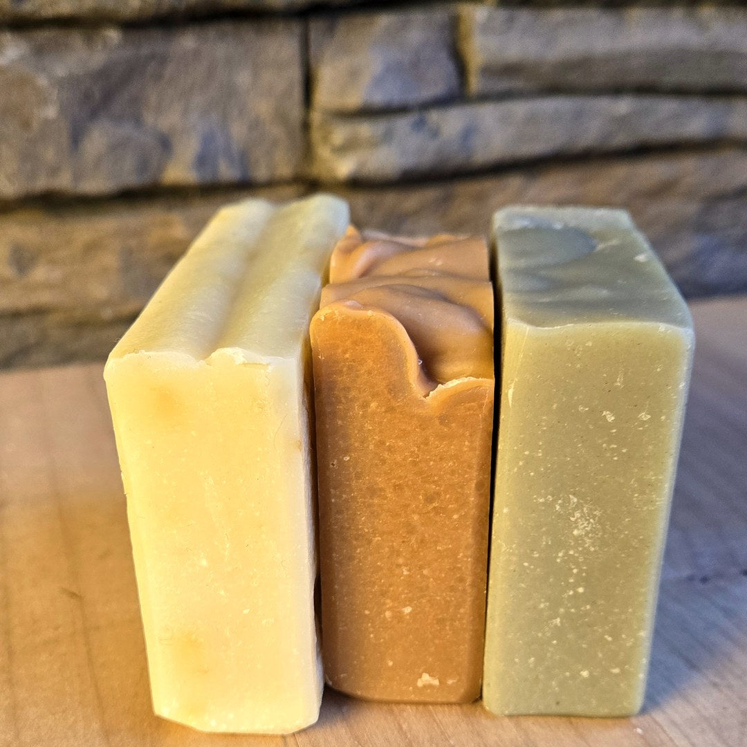Sensitive Skin Soap Bundle: three bars standing on end, showing their thickness
