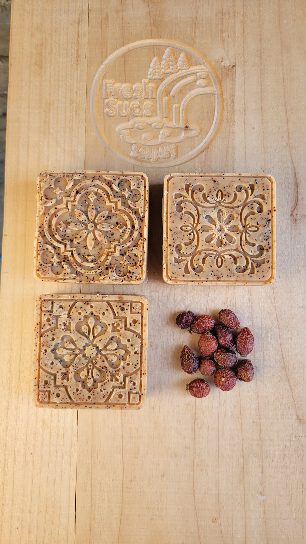Youthful Glow Rosehip smaller bars, tan with rosehip speckle, whole dried rosehips