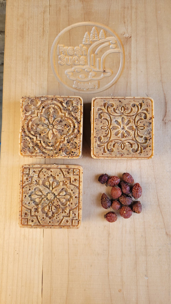 Youthful Glow Rosehip smaller bars, tan with rosehip speckle, whole dried rosehips